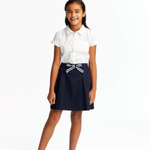 AK64G – Girls Striped Pull Up Front Bow Skort with 2 Front Pleats- Navy and Khaki