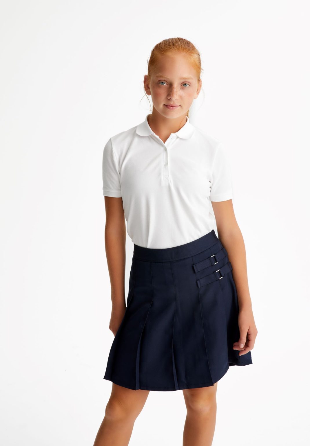 AK03G – Girls Front Pleated Skort with Buckle – Khaki and Navy ...